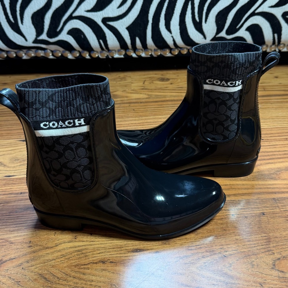 Coach Rivington Black Rubber Signature Knit Sock Rain Boots G5254 Womens 8B